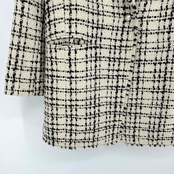 Talbots Women's Wool Plaid Tweed Blazer Jacket Size 10 Cream Black Fringe Trim - Picture 8 of 11